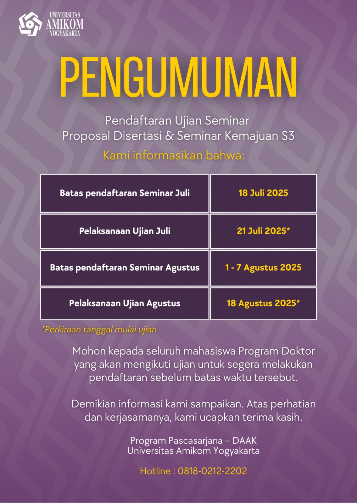 Pengumuman Pendaftaran Ujian Seminar Periode Juli - Agustus 2025