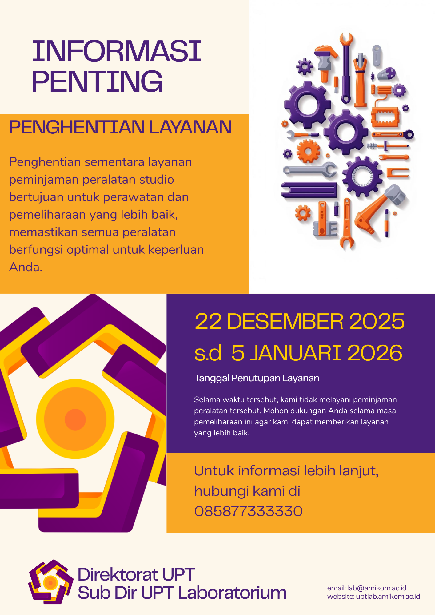 Informasi Lab: Penghentian sementara layanan peminjaman peralatan studio