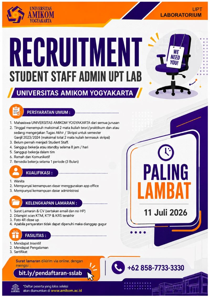 Buka Peluang Kerja bagi Mahasiswi, UPT Laboratorium Universitas AMIKOM Yogyakarta Gelar Rekrutmen Student Staff Admin