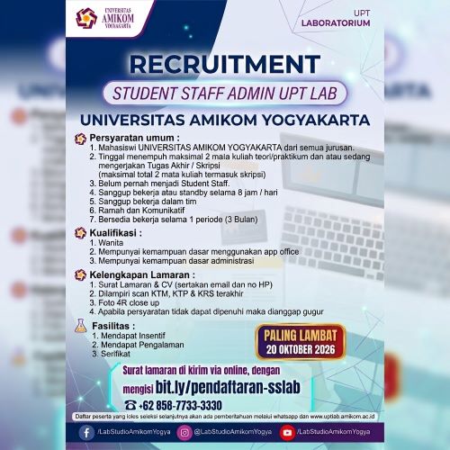 Rekrutmen Student Staff Admin UPT Laboratorium Universitas AMIKOM Yogyakarta Periode Oktober 2026