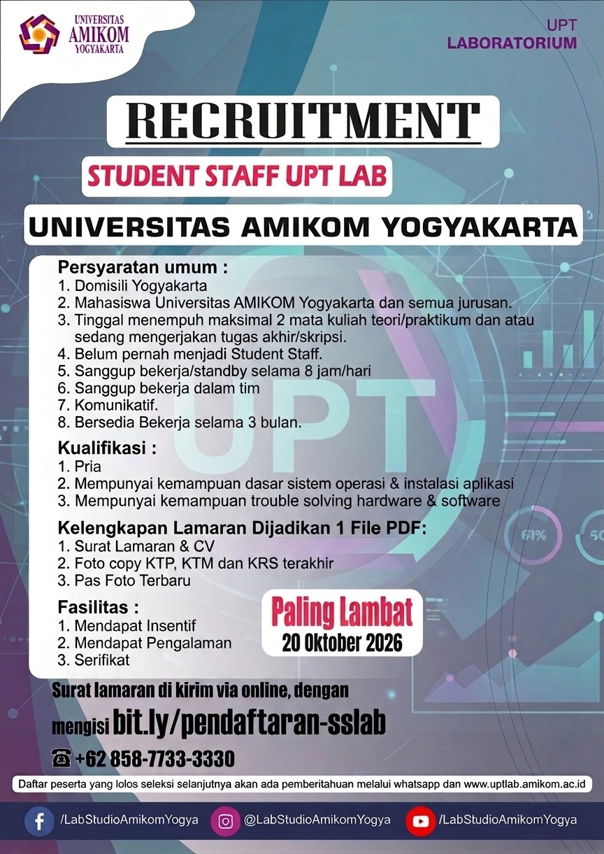 UPT Laboratorium Universitas AMIKOM Yogyakarta Buka Rekrutmen Student Staff Periode Oktober 2026
