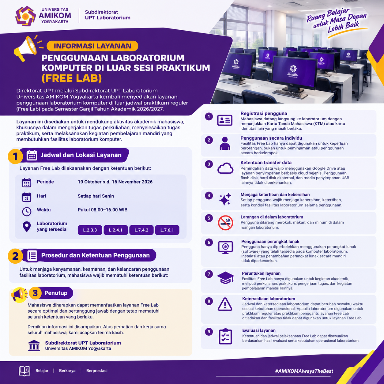 UPT Laboratorium Universitas AMIKOM Yogyakarta Buka Layanan Free Lab pada Semester Ganjil 2026/2027